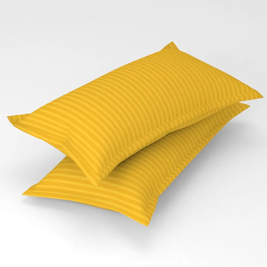 Homefab India 160 TC Stripe Cotton Feel Glace Cotton Elastic Fitted King Size Double Bed Bedsheet with 2 Pillow Covers Fits Upto 6 inches Mattress Yellow