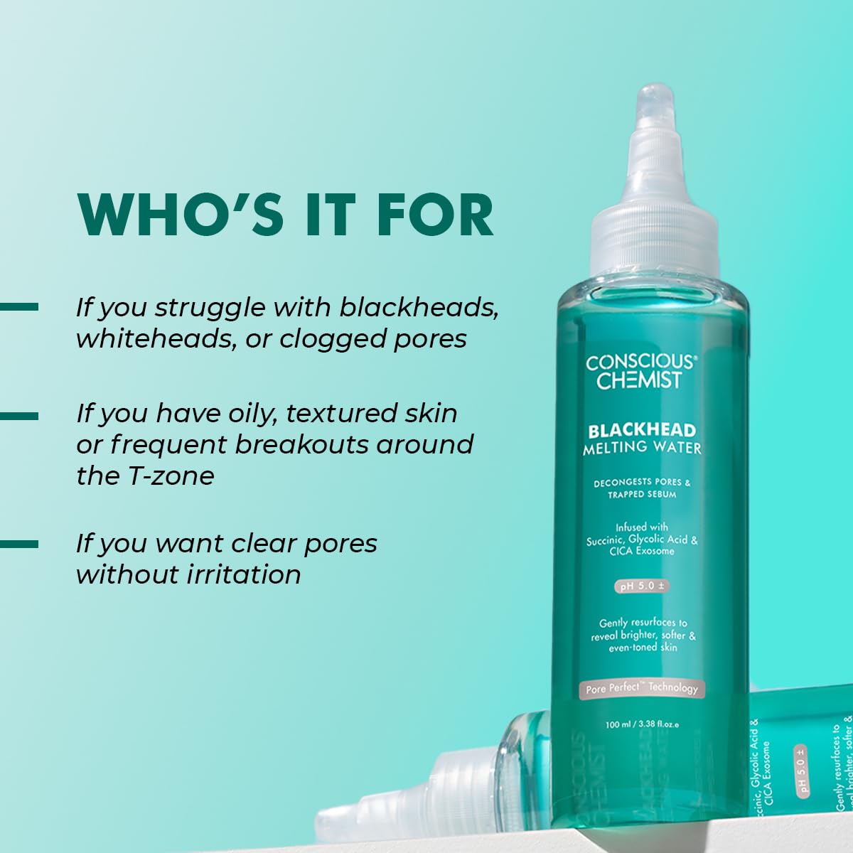 Conscious Chemist® Blackhead Melting Water | 130ml | Gentle Pore treatment with Succinic, Glycolic Acid & CICA Exosome | Unclogs Pores, Dissolves Blackheads & Smoothens Skin | Toner For Men & Women