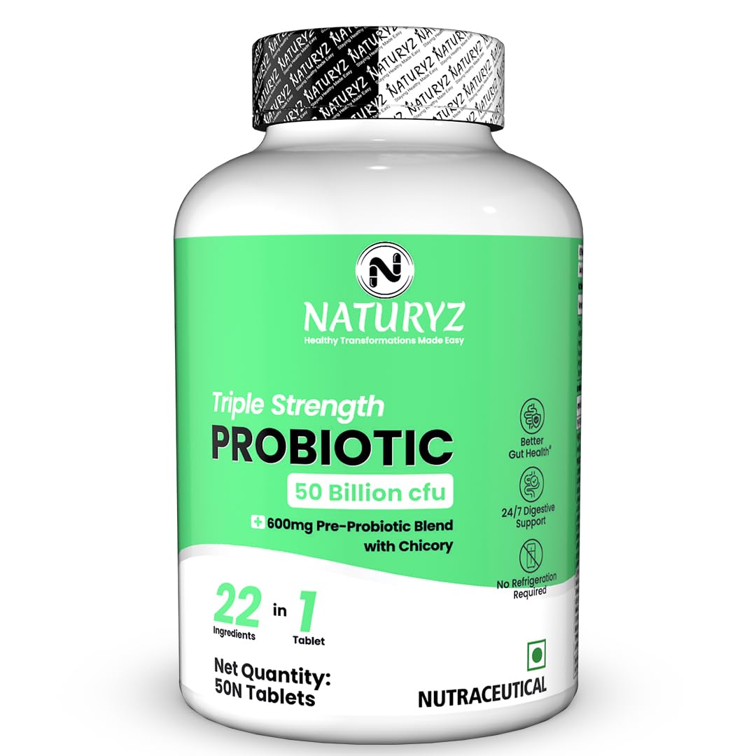 NATURYZ Triple Strength Probiotic 50 Billion CFU with Prebiotic 600 mg Chicory Root | 22 Nutrients for Gut Health | Supports Digestion, Constipation, Diarrhea, Gas & Bloating | No Refrigeration | 50 Tablets