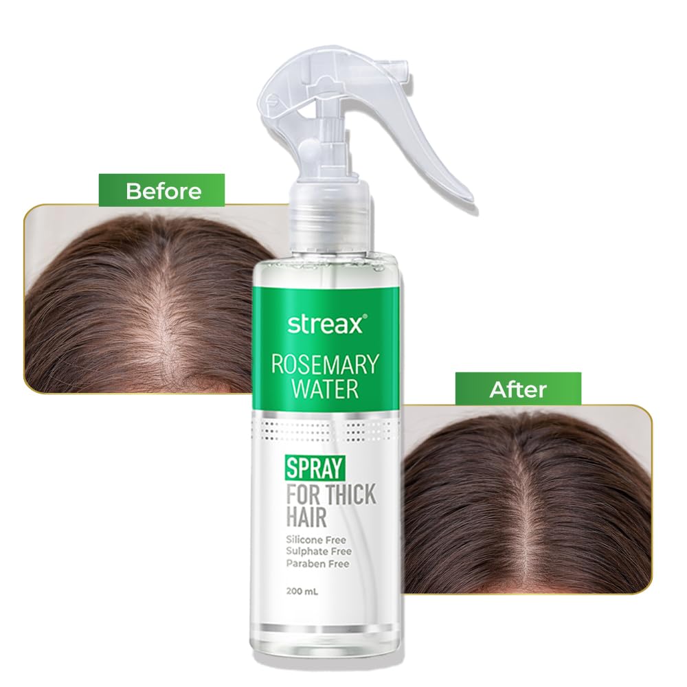 Streax Rosemary Hair Spray - 200ml , 100% Natural Extracts For Hair Growth , Stronger & Thicker Hair, Reduces Hair Fall , Nourishes Scalp & Stimulates Roots , Non-Sticky , Sulphate & Paraben-Free, Rosemary Water Spray for Hair Growth