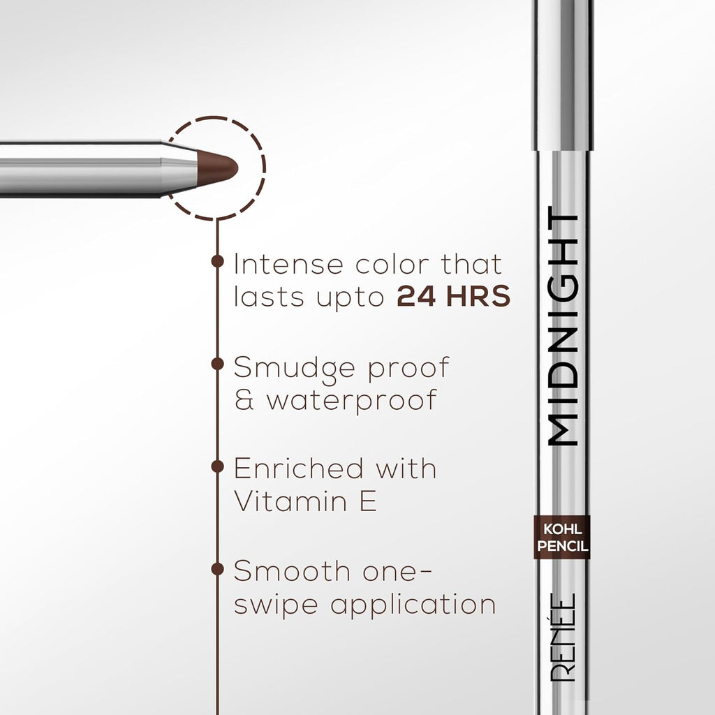 RENEE Midnight Kohl Pencil- Brown | Waterproof, Smudge-proof Kajal With Sharpener | Matte Finish, Long-lasting Upto 24 Hours | One-swipe Application With Vitamin E | 1.5 g
