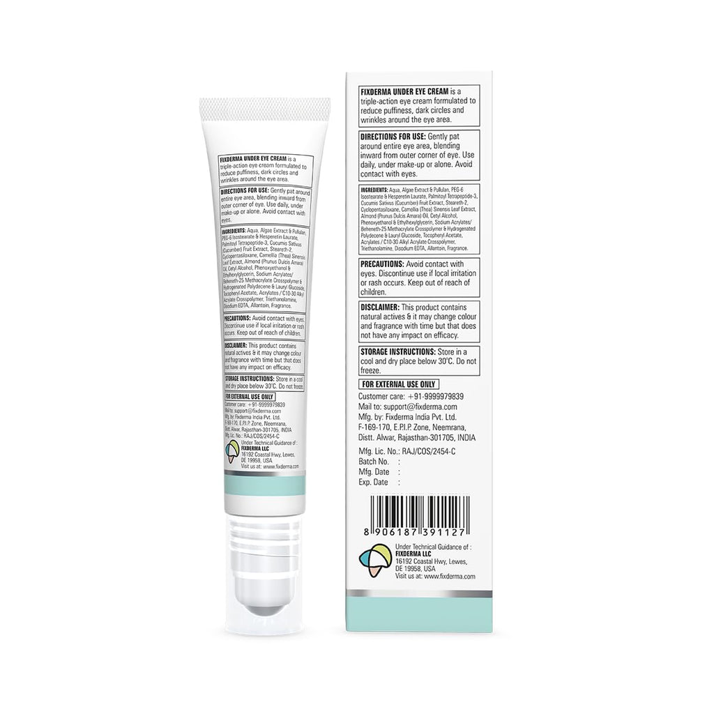 Fixderma Under Eye Cream Roll on with Peptides, Green Tea Extract & Vitamin E | Reduces Dark Circles, Puffiness, Wrinkles & Fine Lines | Triple Action | for Men & Women | 15g