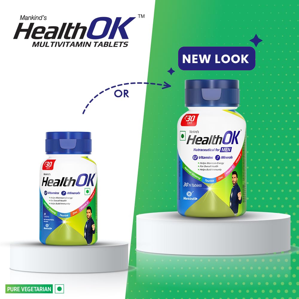 Mankind's Health OK Multivitamin With Natural Ginseng,Taurine Power,Daily Energy,Alertness,Vitamin D,C & Other 18 Multivitamins Minerals,For Overall Health,30 Tablets (Veg)