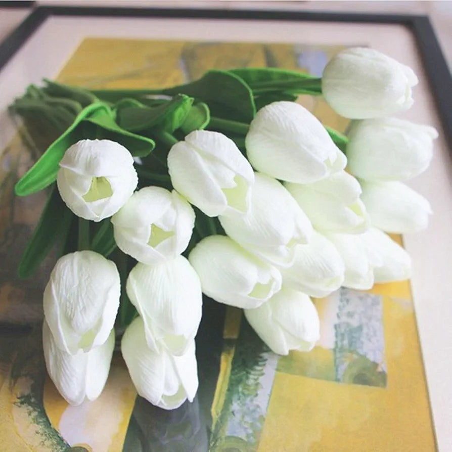 Single Stem Real Pu Touched Artificial Tulips 10 Pcs Arrangement Bouquet with Glorious Moral White
