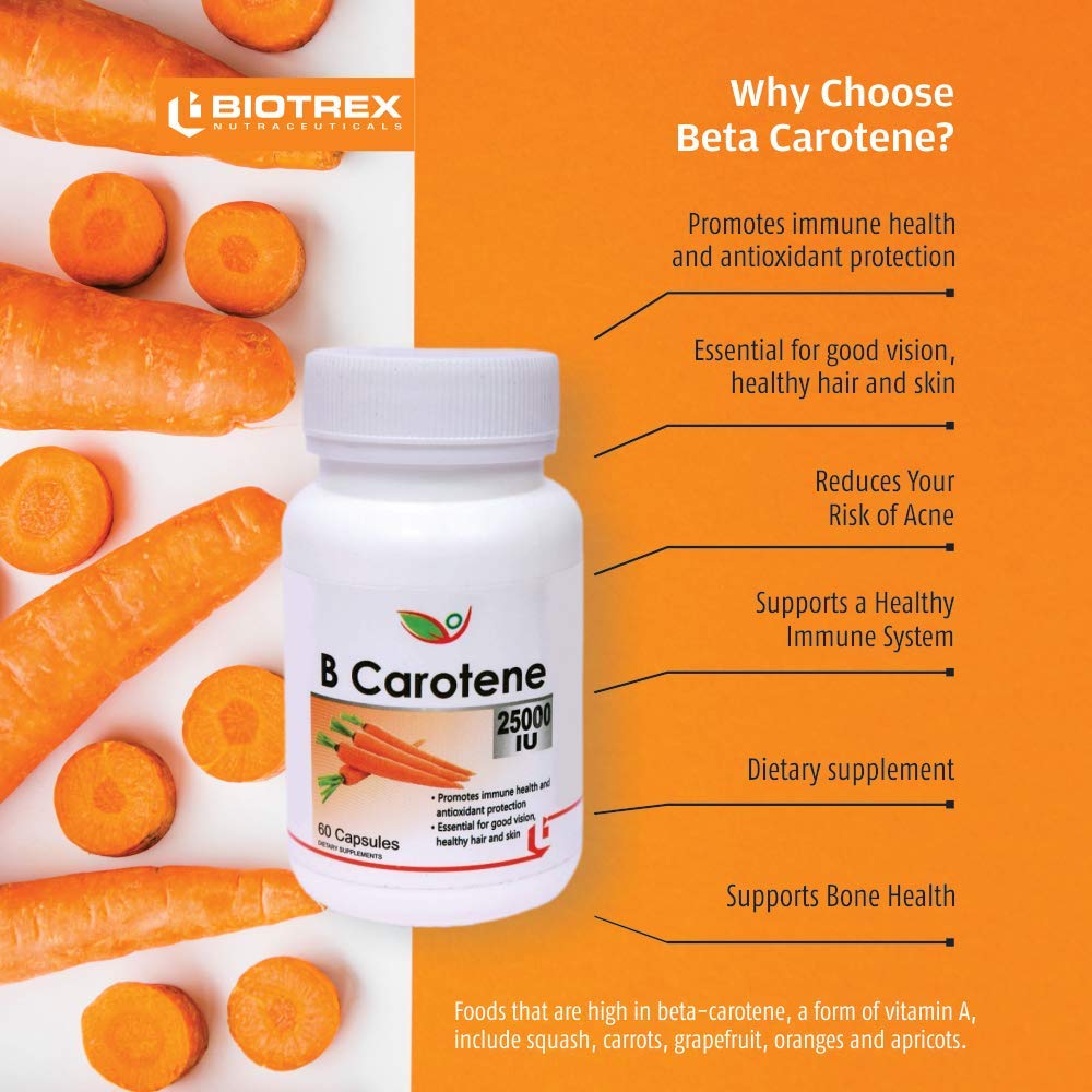 Biotrex Beta Carotene 25000IU - Essential for good vision, healthy hair and skin (60 Capsules), nutritional supplement, multivitamins, vitamin capsules, for men, women and adults, health supplements,