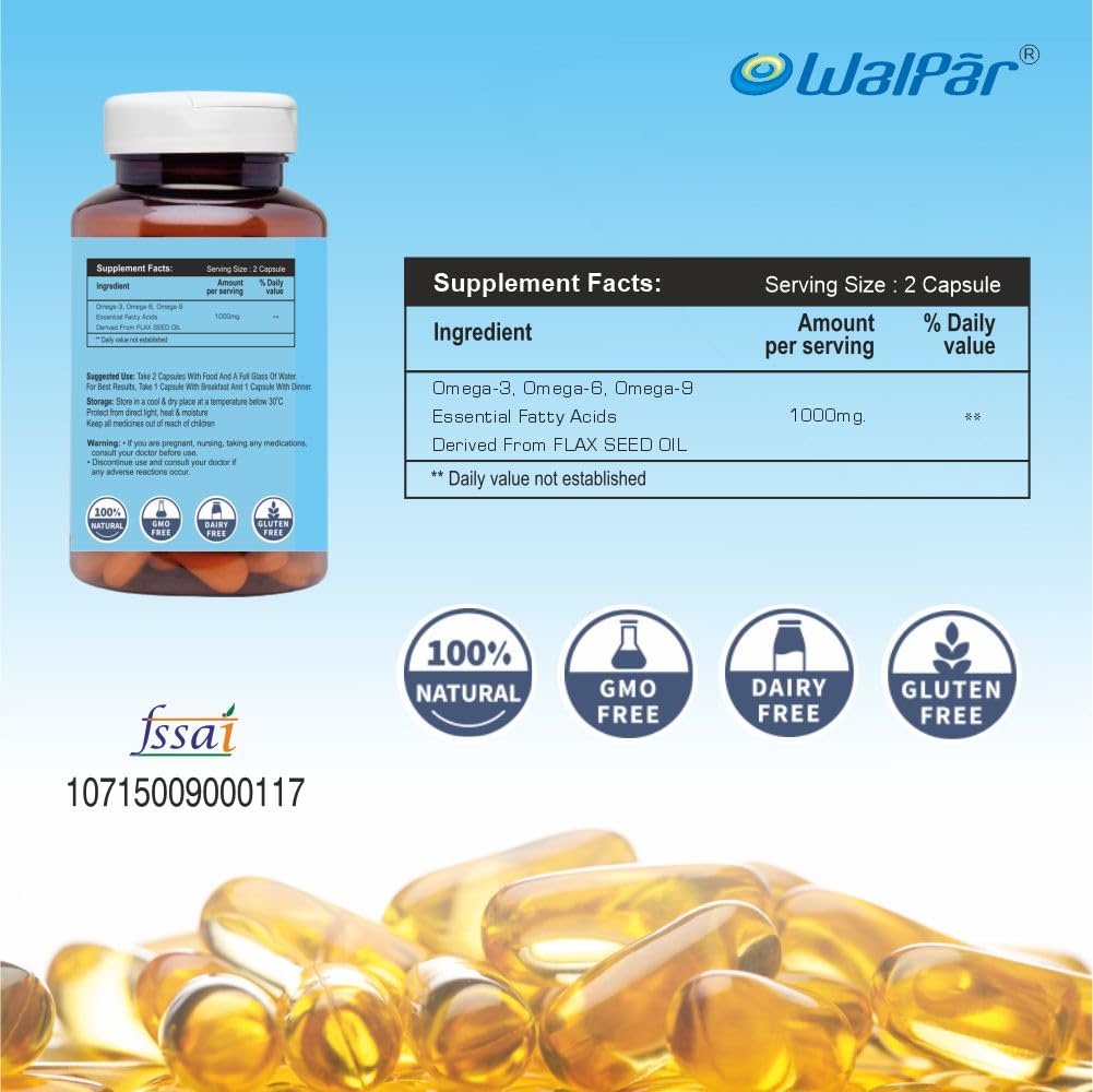 Walpar Cold Pressed Organic Flaxseed Oil 1000mg Omega 3, 6, 9-90 Capsules (Pack of 1)