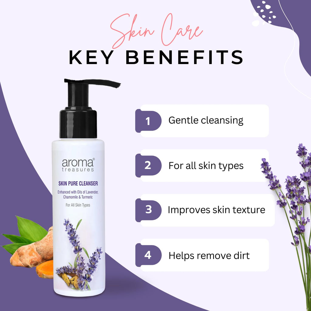 Aroma Treasrues Skin Pure Cleanser (100ml) – Deep Clean Makeup Remover for Pollution Defense | Lavender + Turmeric Enriched | Smooth, Fresh & Clean Skin | Paraben-Free Gentle Daily Cleanser
