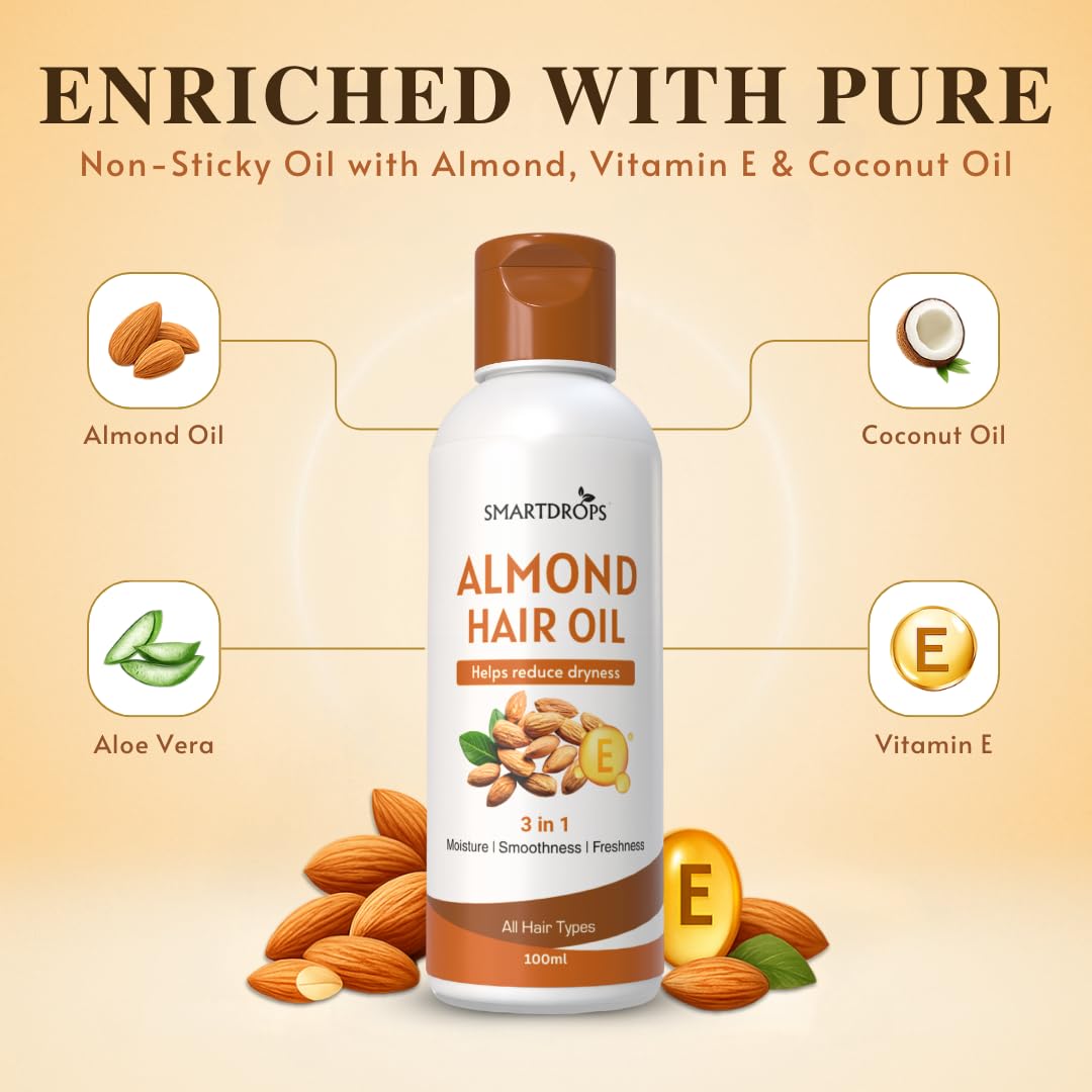 Smartdrops Almond Hair Oil with Vitamin E for Daily Hair Care and Scalp Massage Routine, Lightweight Hair Oil for Men and Women | 100ml (Pack 1)
