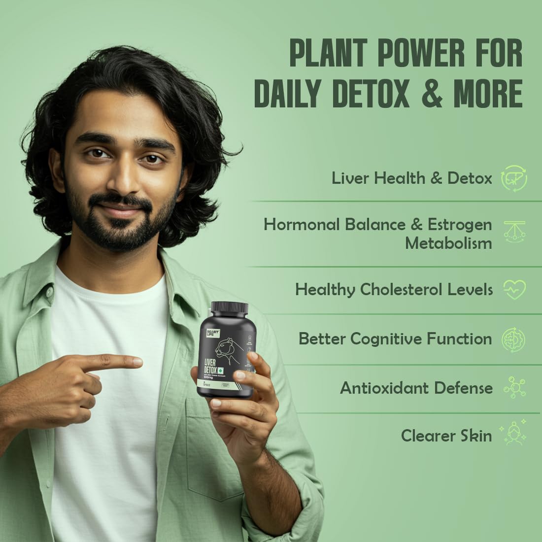 BeastLife Liver Detox with Pure Milk Thistle (80% Silymarin) Extract | Added Multivitamin & Amino Acid with Natural Detoxification Formula | Liver Support Supplement | 30 Veg Capsules