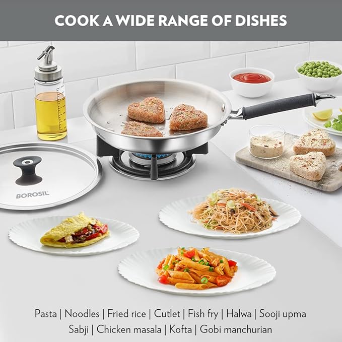 Borosil Cookfresh Tri-ply Stainless Fry Pan With Lid | Induction Friendly | 1.3 Litres | 20 Cm