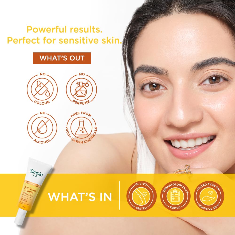 Simple Mattifying UV Fluid |SPF 50 PA++++ | With Niacinamide & GlutaAmino Technology| Sunscreen for Oily Skin & Dark Spots |Ultra Lightweight & Non-Sticky | UVA UVB & Bluelight protection | 40ml