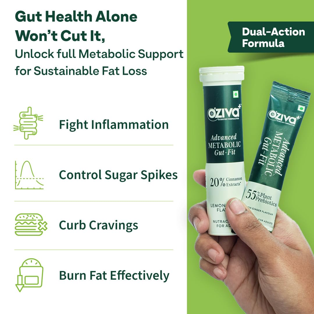 OZiva+ Advanced Metabolic Gut-Fit For Gut & Metabolic Heath | With Cinnamon Polyphenols, B420â„¢ Probiotic, Oat Fiber Prebiotic | 30 Sachets + 30 Effervescent Tablets