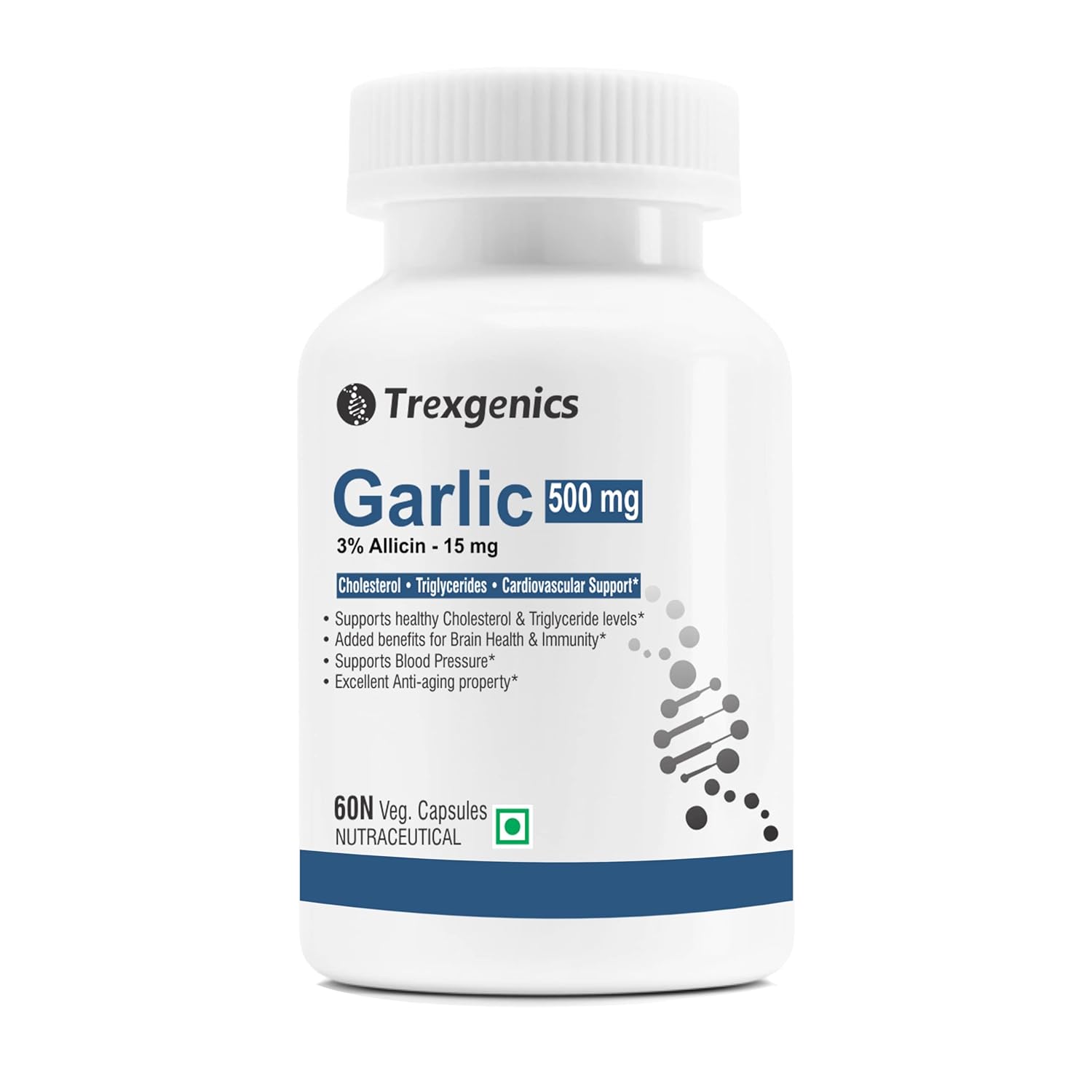 Trexgenics GARLIC (Bioactive 3% Allicin) 500mg Cholesterol, Triglycerides, Cardiovascular, Immunity Support* (60 Vcaps) (1)