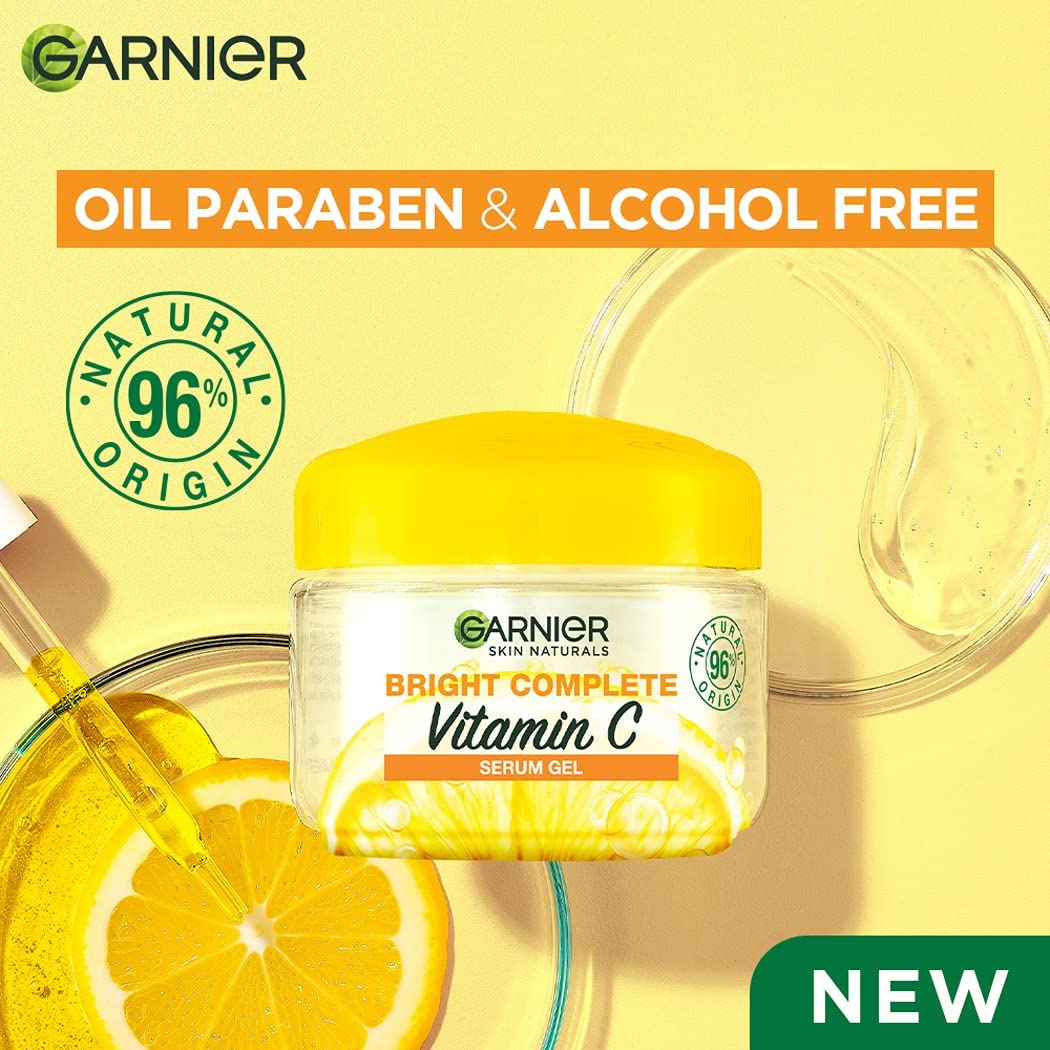 Garnier Brightening Moisturiser, Serum Gel, Infused with Vitamin C and Lemon, For Radiant skin, Oil Free Skin for upto 12 hours, Bright Complete Vitamin C, for all Skin Types, For Men and Women, 45g