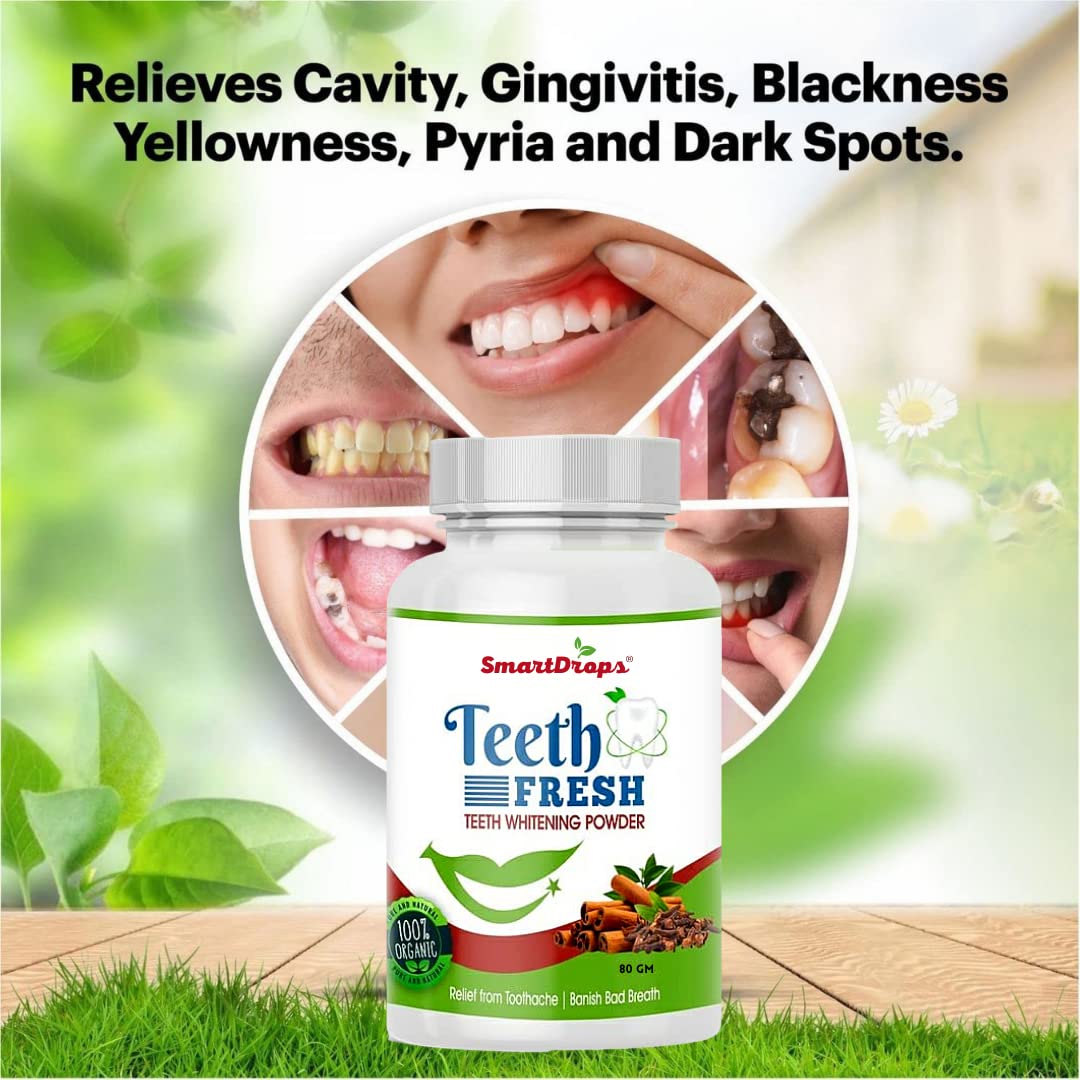 Smartdrops Teeth Whitening Powder, For Shiny Polished Teeth, Improves Teeth Whiteness and Brightness, Helps Fight Plaque, Removes Stains, Freshens Breath, Natural Ingredients, 80gm