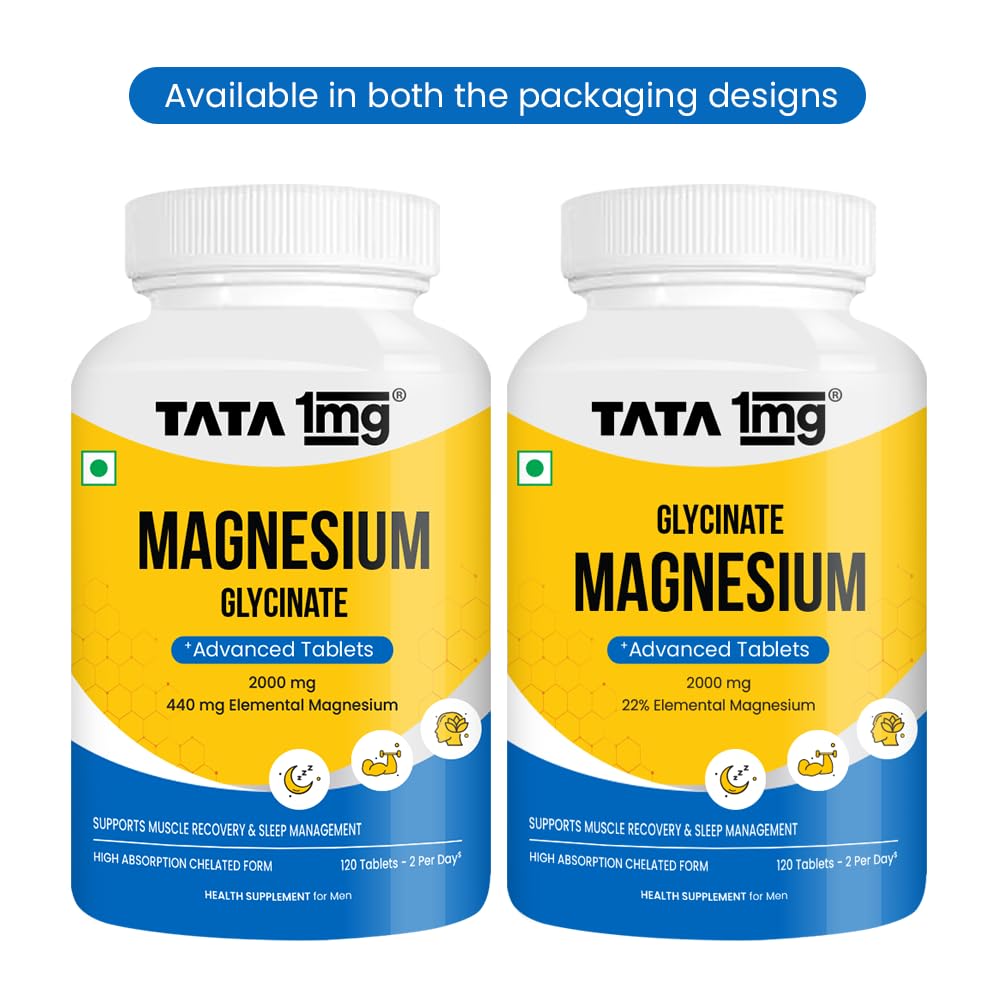 Tata 1mg Magnesium Glycinate Tablets |2000mg | High Absorption Chelated form for Muscle Recovery, Sleep & Nerve Health | 2000mg Per Serving â€“ 120 Veg Tablets