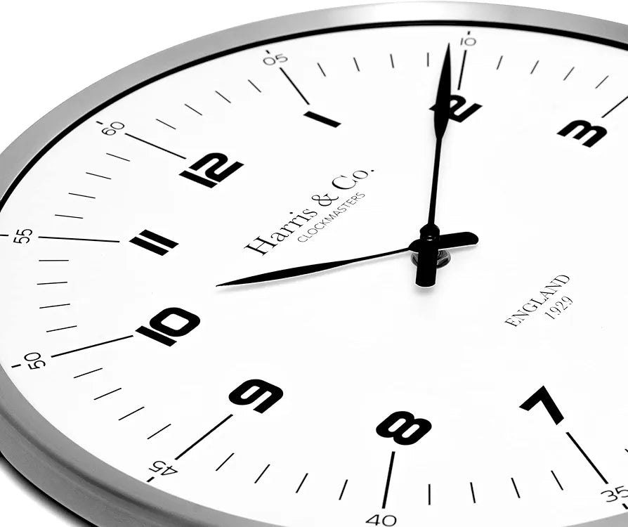 Harris & Co. Clockmasters Premium Wall Clock Luxury Number Dial - 13 Inch Analog White