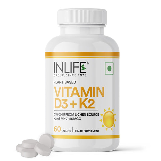 INLIFE Vitamin D3 K2 Supplement | Derived from Lichen (Plant Based) & Vitamin K2 (MK7) | Supports Bone, Teeth, Heart, Immunity, Mood, Strength, Recovery | For Men & Women - 60 Vegetarian Tablets