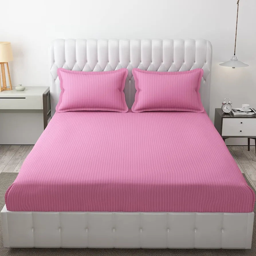 Fresh From Loom Breathable King Size Flat Striped Bedsheets Hotel & Home Double Bedsheet Set With 2 Pillow Covers 144 Tc Pink