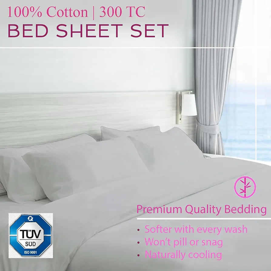 Trance Home Linen Premium 300 TC Pure 100% Cotton King Fitted Bedsheet with 2 Pillow Covers Colour Silver Grey