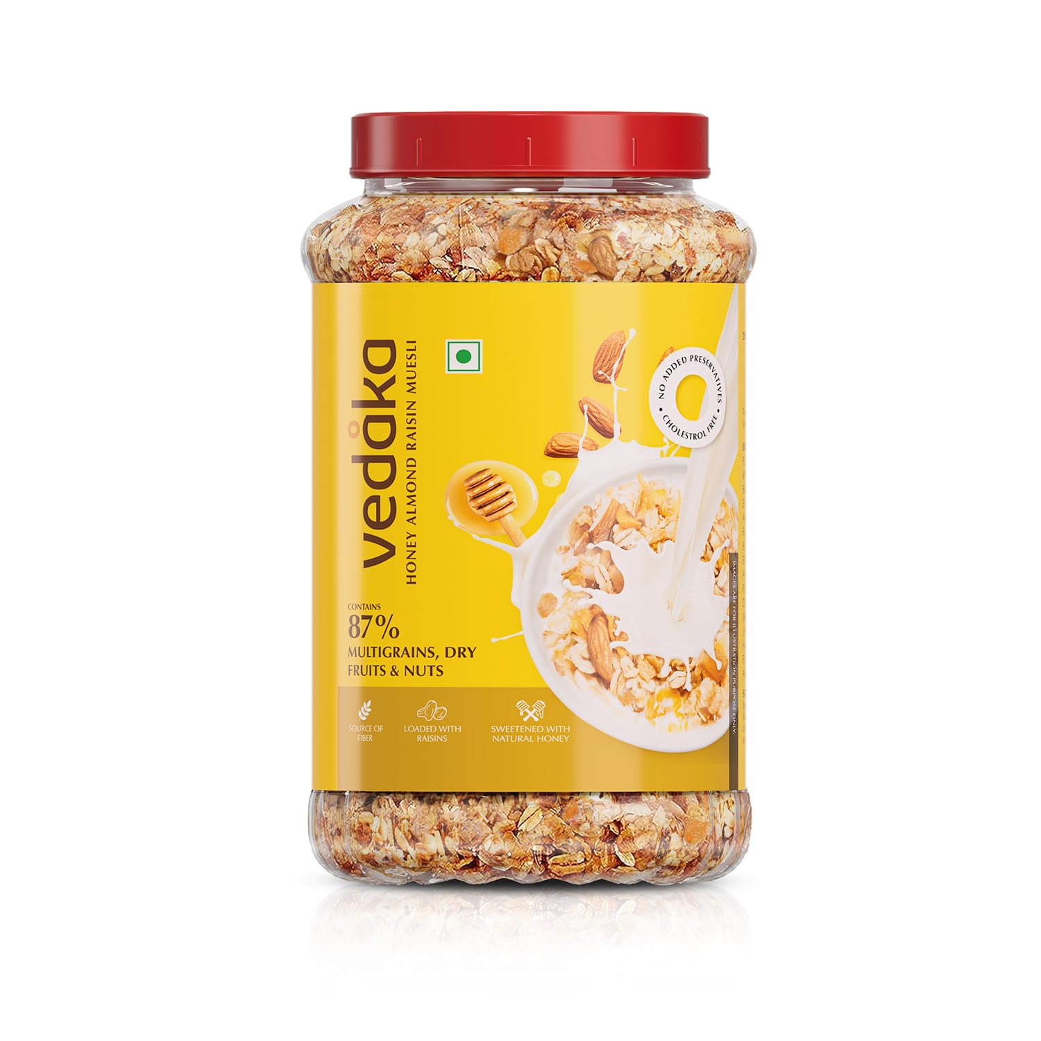 Vedaka Honey Almond Raisin Muesli | 1 Kg | Jar | Sweetened with Natural Honey | Contains 87% of Dry Fruits, Nuts and Multigrains | Source of Fiber | No Added Preservatives