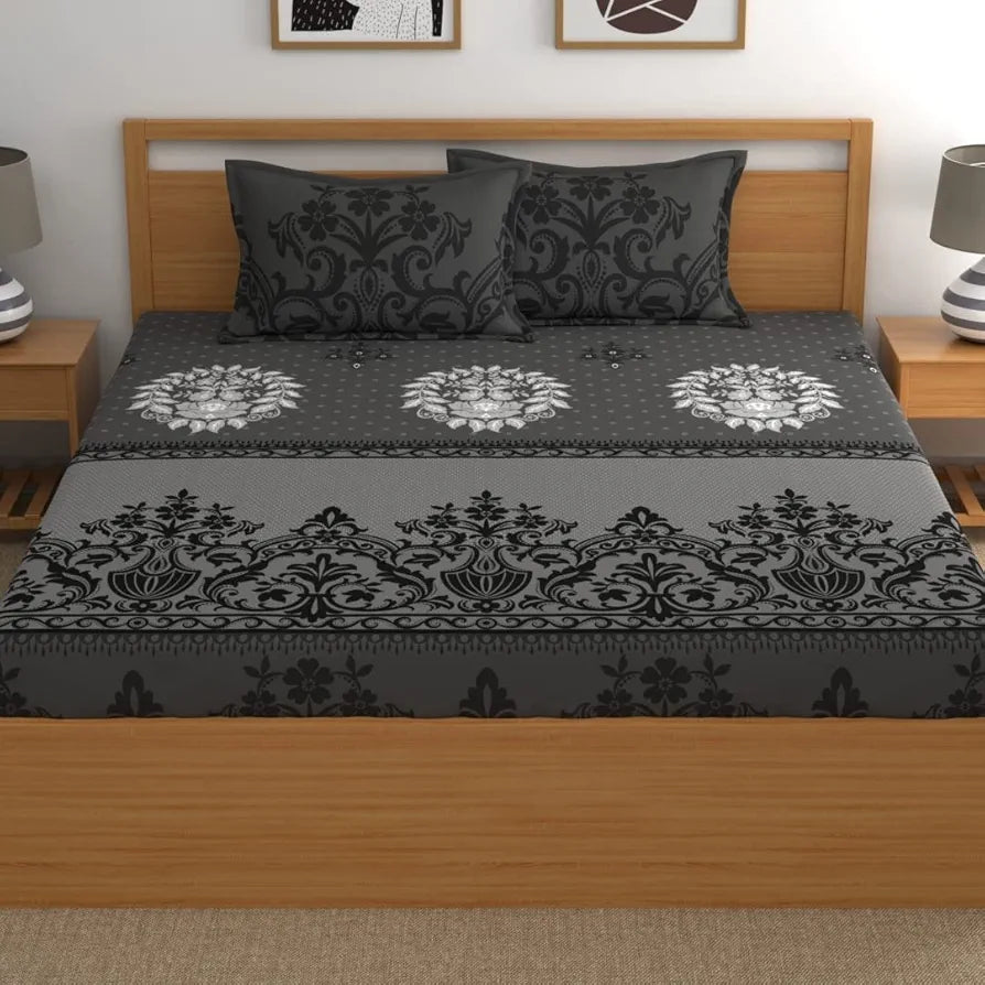 Dreamscape Cotton King Bedsheet with 2 Pillow Covers 140 TC Cotton Ethnic Dark Grey Bedsheet for King Bed Iron Color