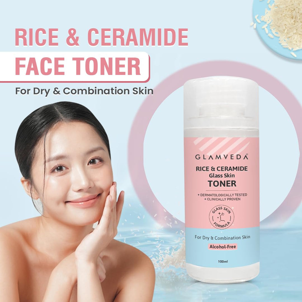 Glamveda Korean Rice & Ceramide Face Toner | Rice Water Toner For Dry & Combination Skin | Pore Tightening & Glowing Skin | Fades Blemishes, Brightens & Smoothens | Women & Men | 100ml