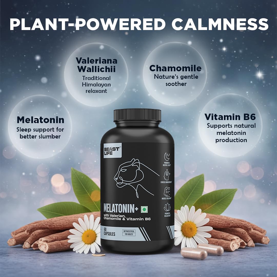 BeastLife Melatonin Plus 5mg Capsules with Valerian, Chamomile & Vitamin B6 | Sleep Support Supplement for Deep Sleep, Natural Sleeping Aid, Non-Habit Forming Night Rest Formula | Relieves Stress & Anxiety | Enhances Relaxation & Focus | 60 Capsules