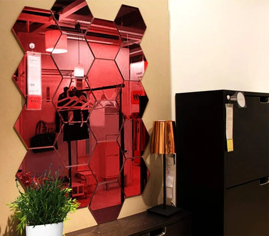 Bikri Kendra Hexagon 20 Red Stickers for Wall Acrylic Mirror Mirror Wall Decor Sticker