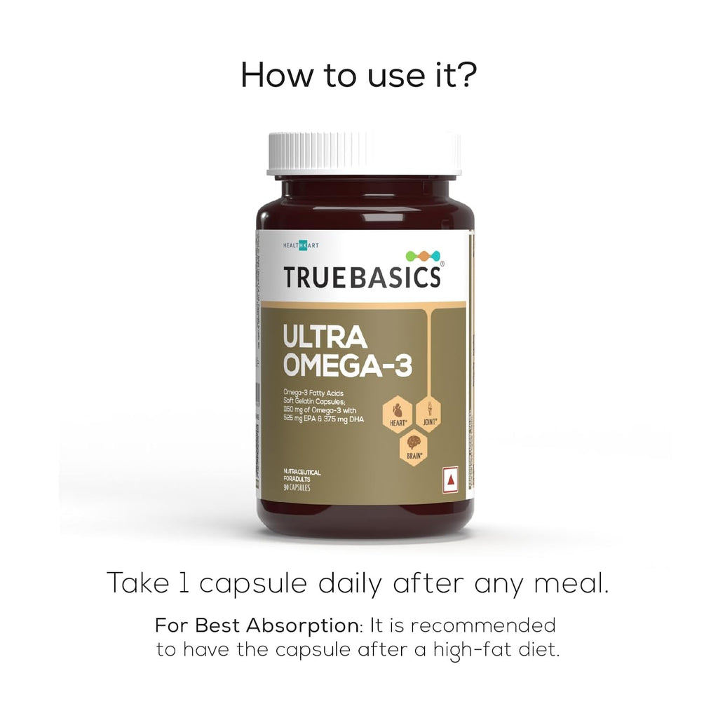 TrueBasics Ultra Omega 3 Fish Oil (90 Capsules) | Triple Strength with 1150mg Omega 3, 525mg EPA & 375mg DHA | For Heart, Joints & Brain Health, 220 grams