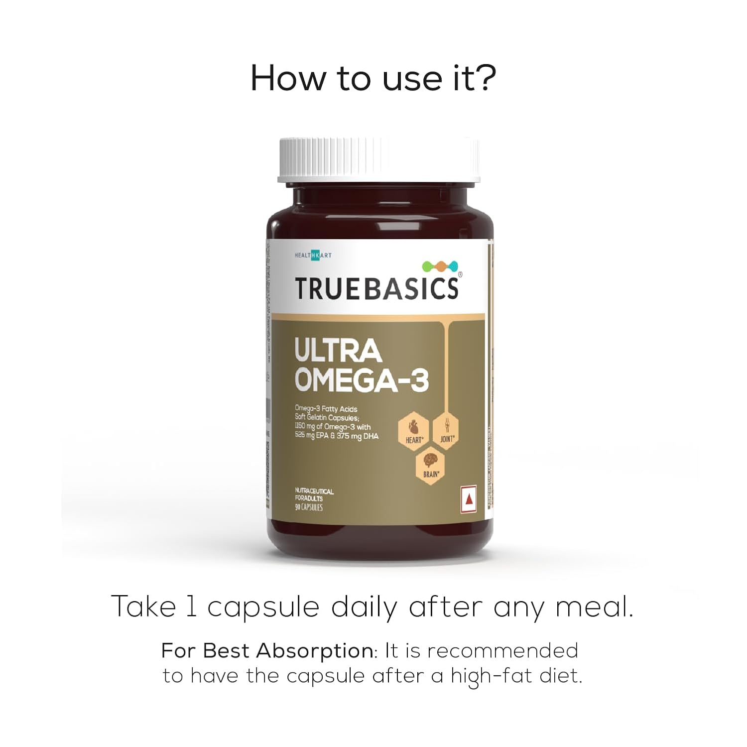 TrueBasics Ultra Omega 3 Fish Oil (90 Capsules) | Triple Strength with 1150mg Omega 3, 525mg EPA & 375mg DHA | For Heart, Joints & Brain Health, 220 grams