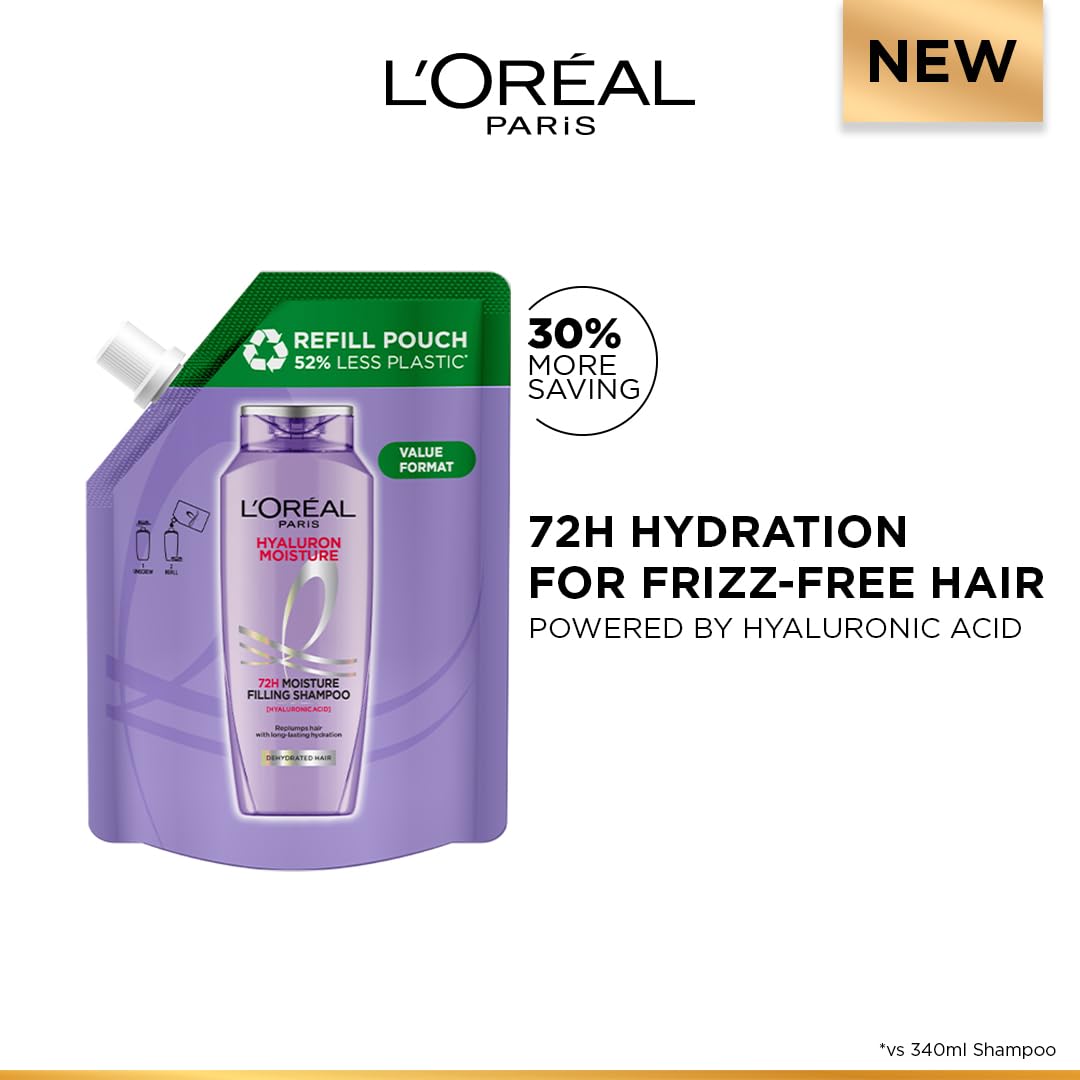 Lâ€™OrÃ©al Paris Hyaluron Moisture Shampoo Refill With Hyaluronic Acid For 72 HR Hydrated Hair, 500ml