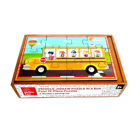 Skillofun Wooden Vehicle Jigsaw Puzzles in a Box 4 Puzzles Storage Box with lid