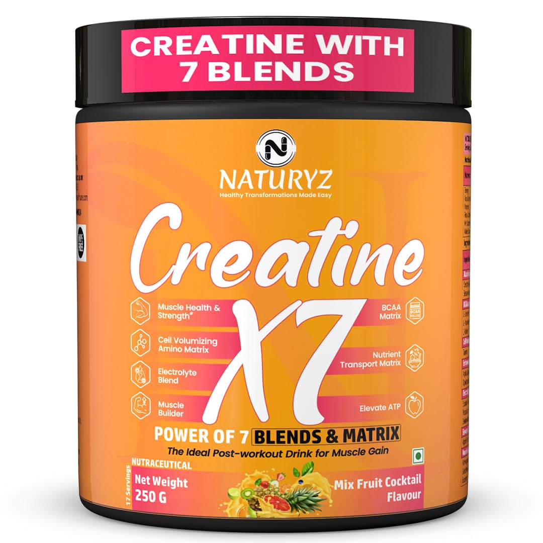 NATURYZ Creatine X7 Pure Micronized Creatine Monohydrate Post Workout drink | Rapid Absorption with Aminos | BCAA | ATP Transport Matrix | Muscle Growth & Strength | Power of 7 Blends | Muscle Builder- 250g(MixFruit Cocktail)