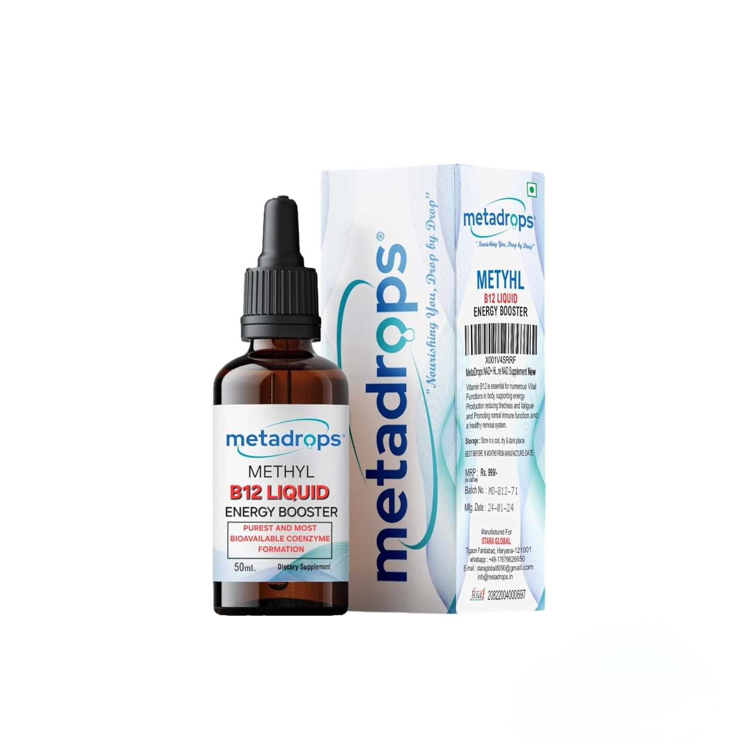 METADROPS Vitamin B12 Liquid Drops - High Potency Sublingual Supplement, 50 ml - Vegan, Gluten-Free, Non-GMO - Boost Energy & Metabolism