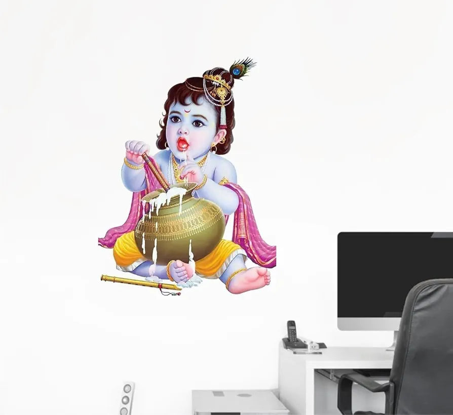 Rawpockets Lord Krishna with Pot Self Adhesive Wall Sticker-PVC
