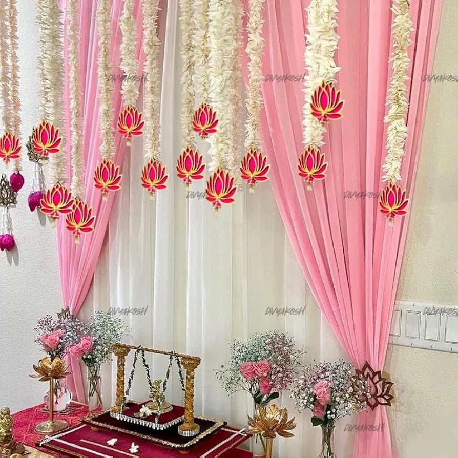 Wood Lotus Hanging 7 Pcs With White Artificial Flowers 3 Ft Each Handmade Wall Decoration Lotus hanging