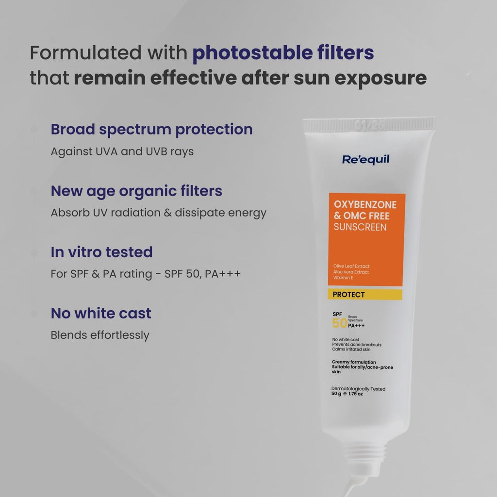 RE' EQUIL Oxybenzone and OMC Free Sunscreen For Oily, Sensitive & Acne Prone Skin | Prevents Acne Breakouts | No White Cast | SPF 50 PA+++ | 50g