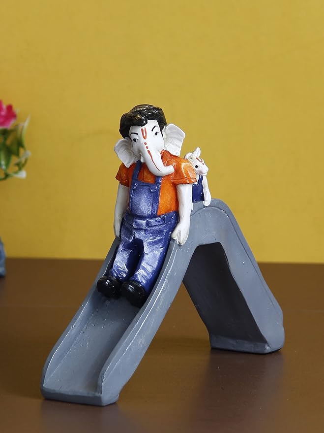 Ecraftindia Handcrafted Polyresin Lord Ganesha Idol Enjoying Slide With Mushak Decorative Showpiece