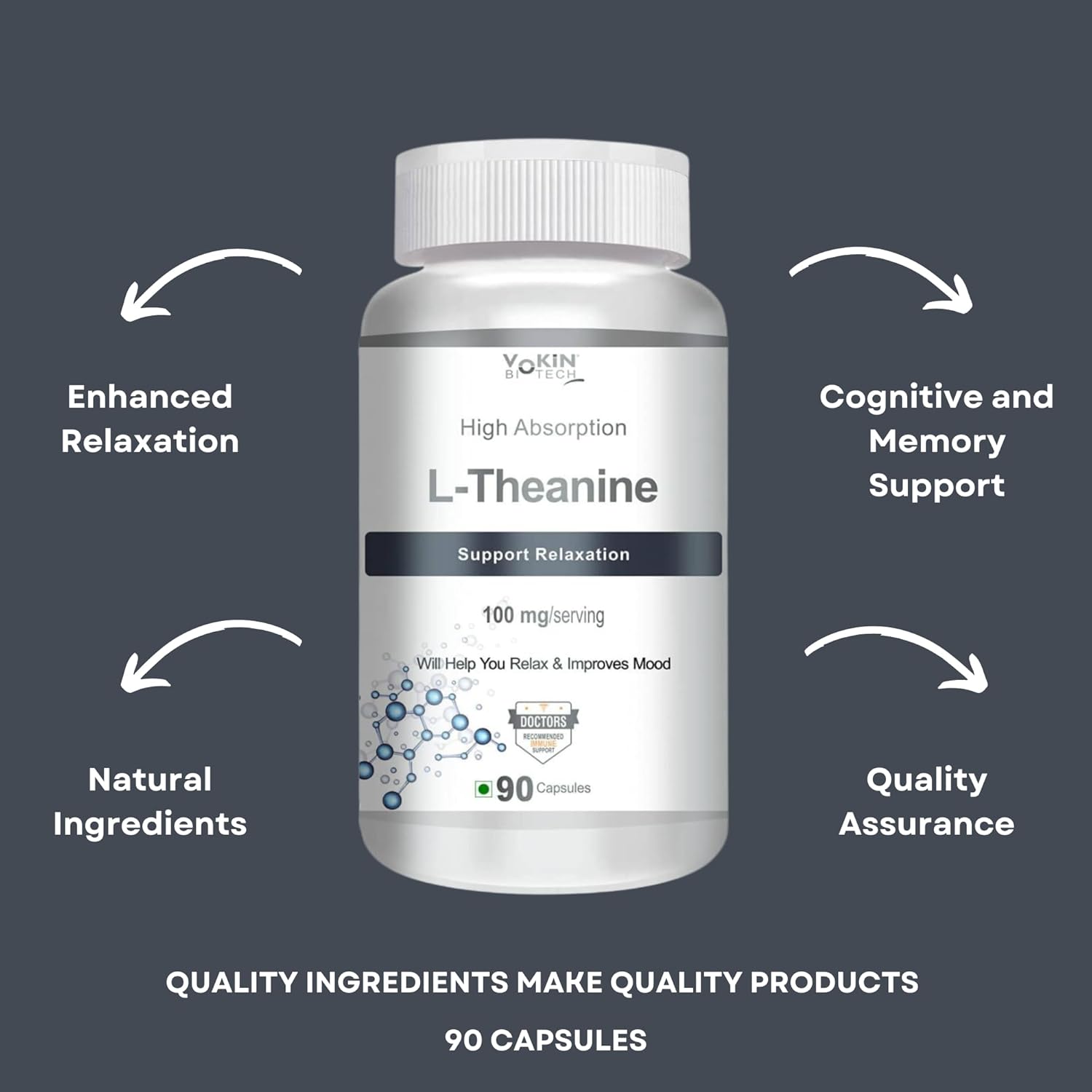 Vokin Biotech L-Theanine-Support Relaxation - 90 Vegetarian Capsules (Pack of 1)