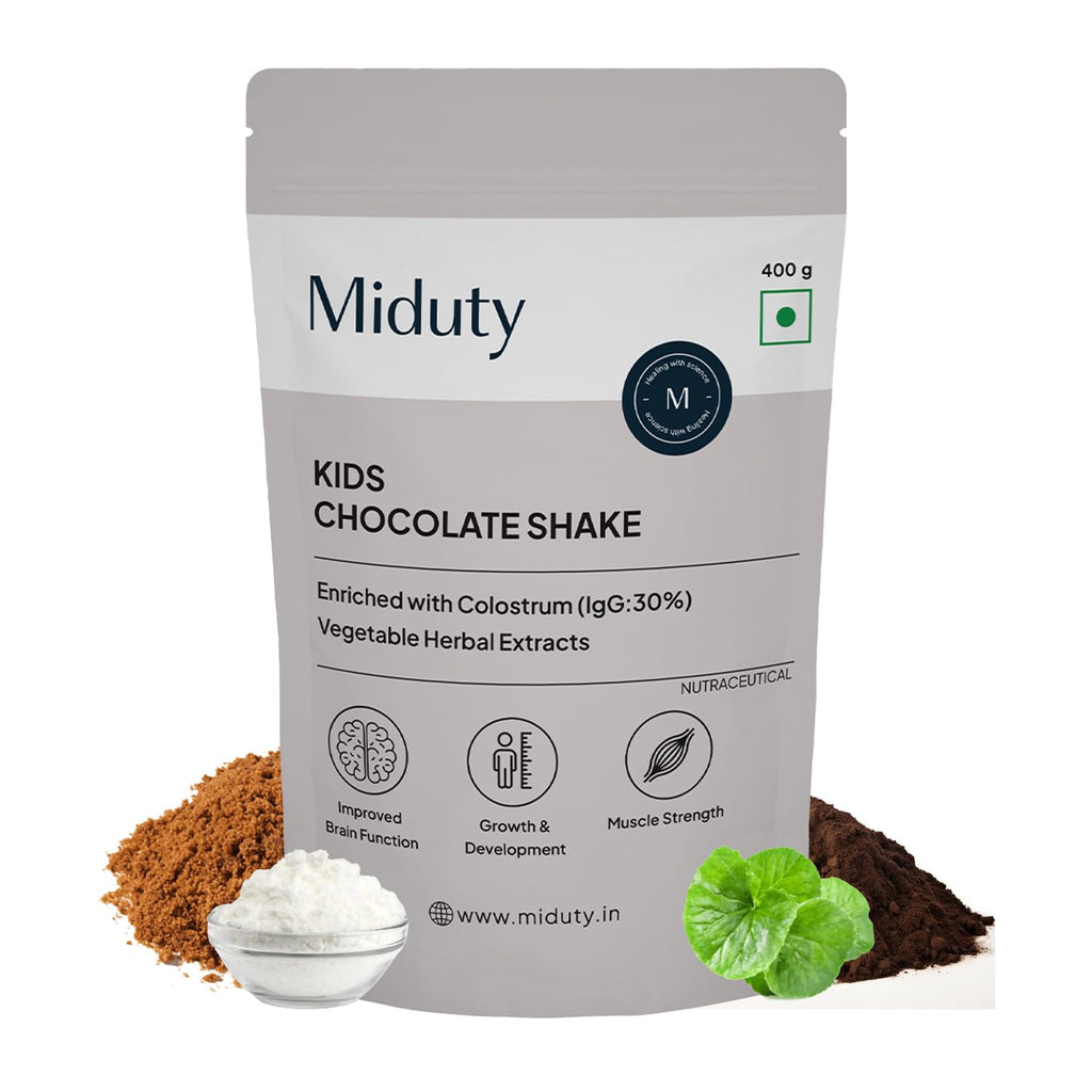 Miduty by Palak Notes Kids Chocolate Shake, Kids Chocolate Powder, Immunity Booster, Added Colostrum, Nutrient-rich Blend of Vitamins, Minerals, MCT Powder, Brahmi Extract, Brain Immunity - 400g