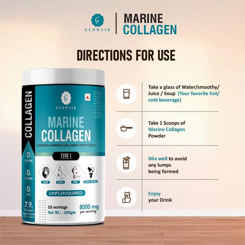 Glowsik Korean Marine Collagen Powder | Marine Collagen Supplements for Women and Men - 200 Gms | Pack of 2 | Unflavoured