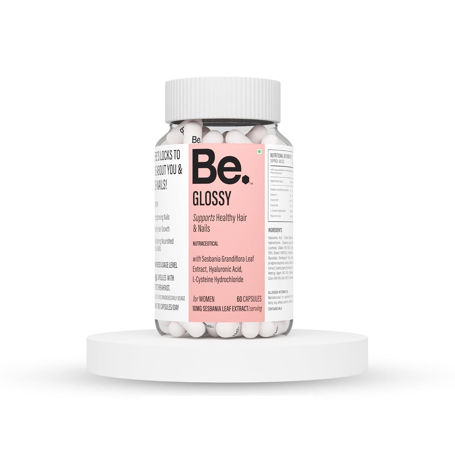 Be. Glossy Hair Supplements for Women | Biotin Tablets for Hair Growth & Nail Strength with Hyaluronic Acid, Vitamin E, Vitamin B12 Tablets & L-Cysteine | Hair & Nail Vitamins | 30 Day Supply | 60 Capsules