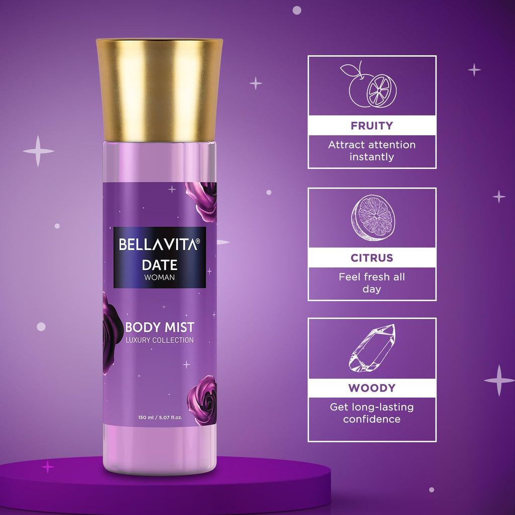 Bella Vita Luxury Date Women Body Spray Mist Perfume for Refreshing Floral & Vanilla Long Lasting Fragrance with Pink Pepper and Red Fruits, 150 ml