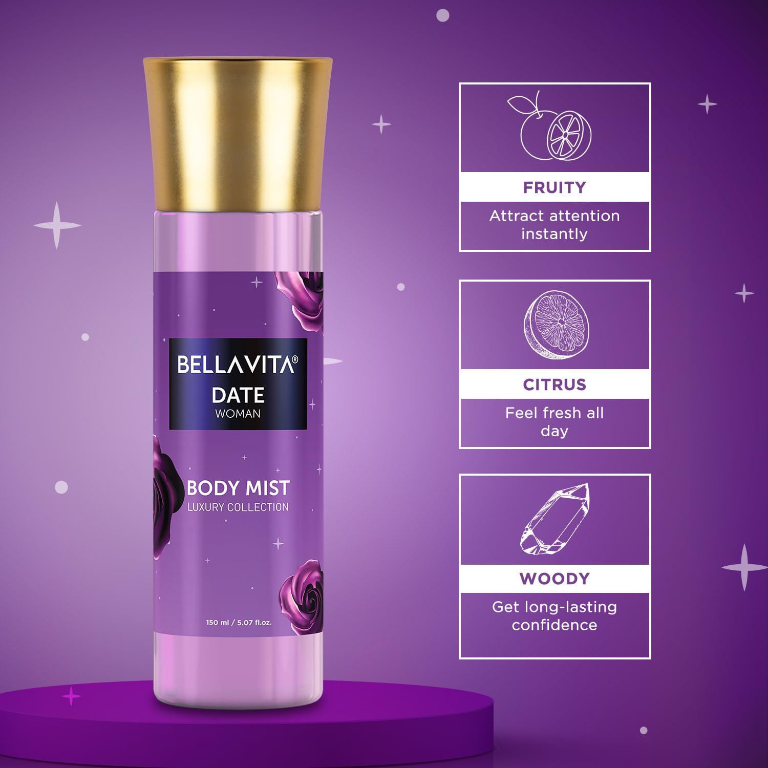 Bella Vita Luxury Date Women Body Spray Mist Perfume for Refreshing Floral & Vanilla Long Lasting Fragrance with Pink Pepper and Red Fruits, 150 ml
