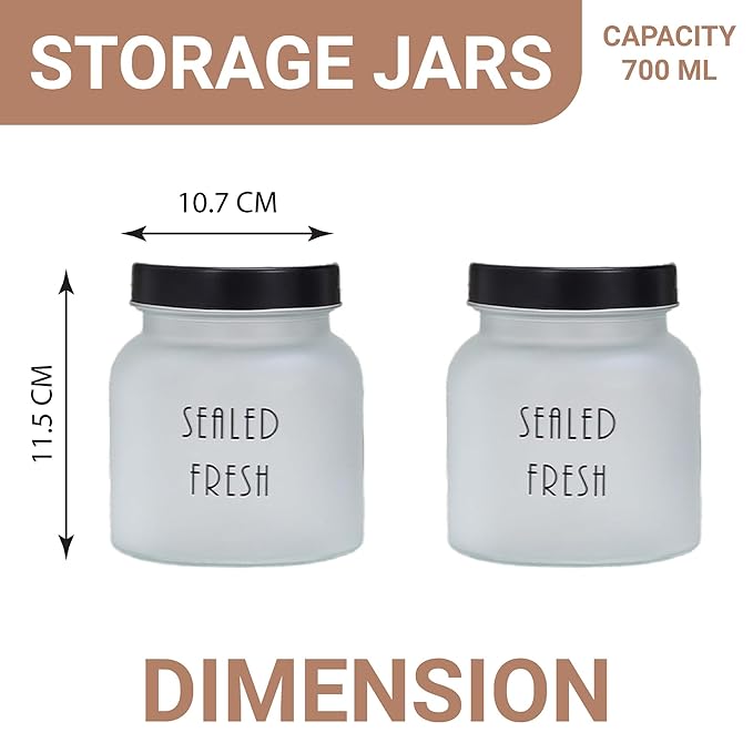 Femora Kitchen Storage Jars Frosted Glass Jar With Steel Lid Air Tight Jar | 700 Ml | Pack of 2 | Black Lid