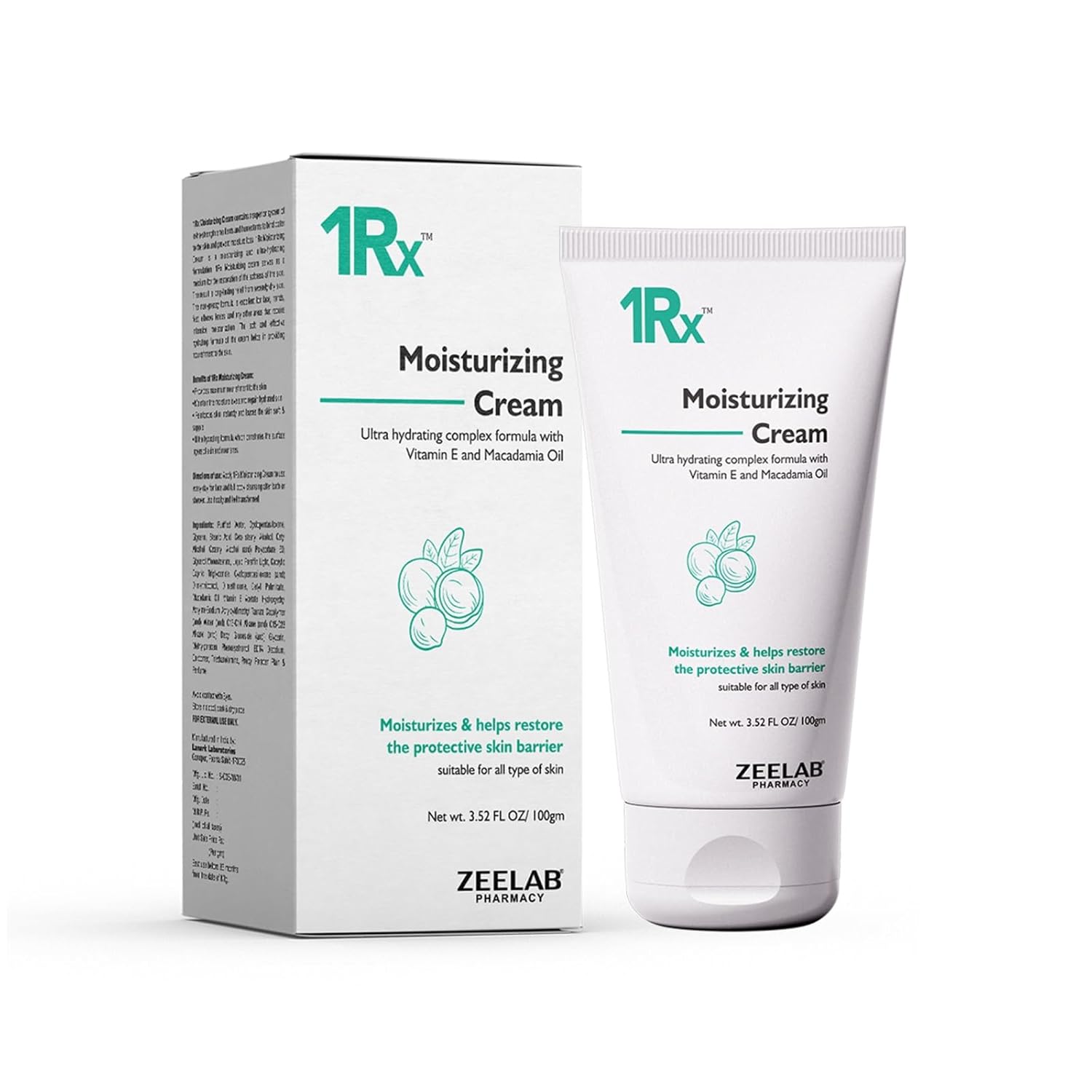 Zeelab 1RX Moisturizing Cream 100gm | Face & Body Moisturizer with Glycerin, Vitamin E & Macadamia Oil | Non-Greasy Daily Hydration Cream for Dry Skin