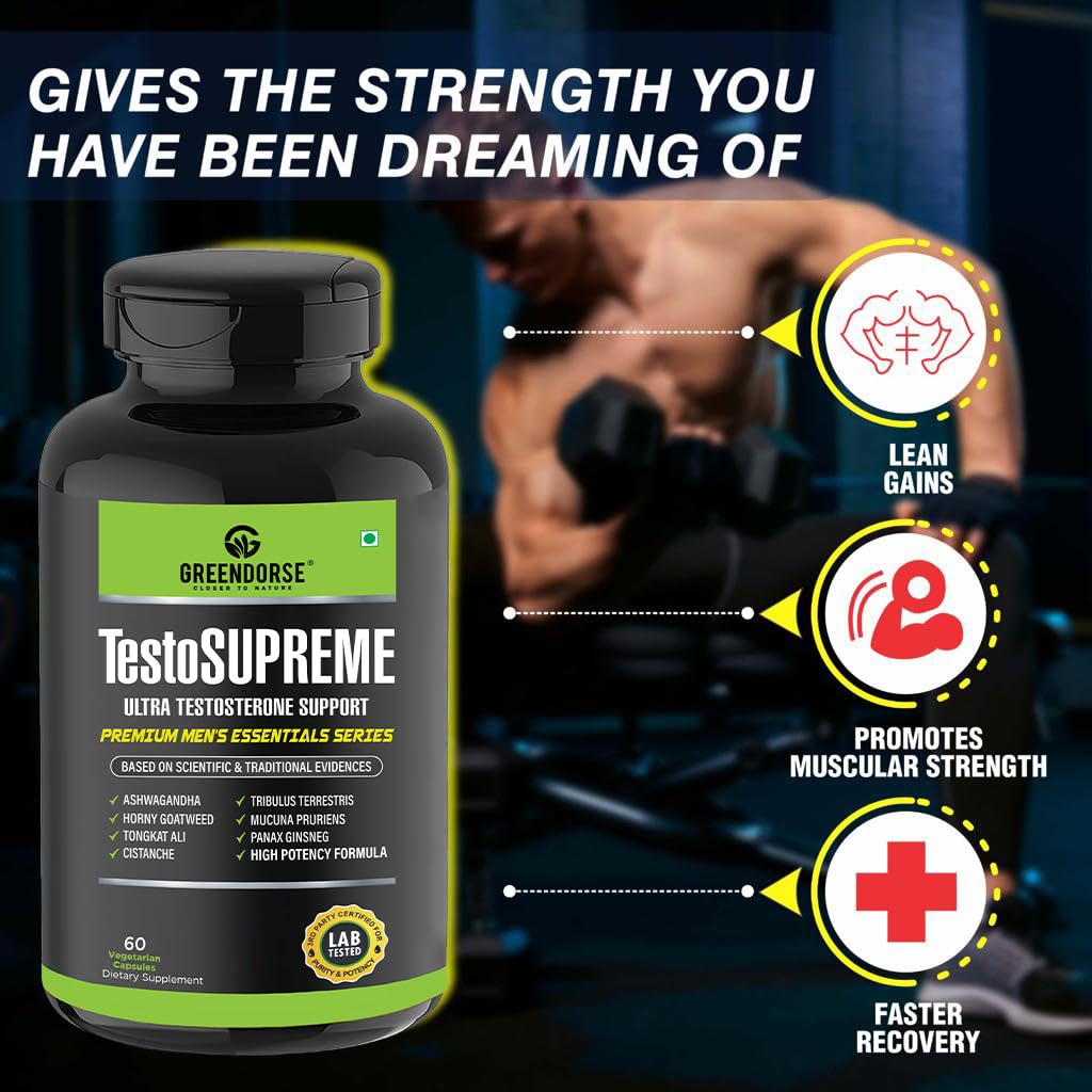 GREENDORSE TestoSUPREME Testosterone Supplement with Tongkat Ali, Ashwagandha, Cistanche, Horny Goatweed, Tribulus, Mucuna pruriens & Ginseng| Lab Tested Powerful Supplement for Men to Improve Performance, Muscle Strength, Stamina - 60 Veg Capsules