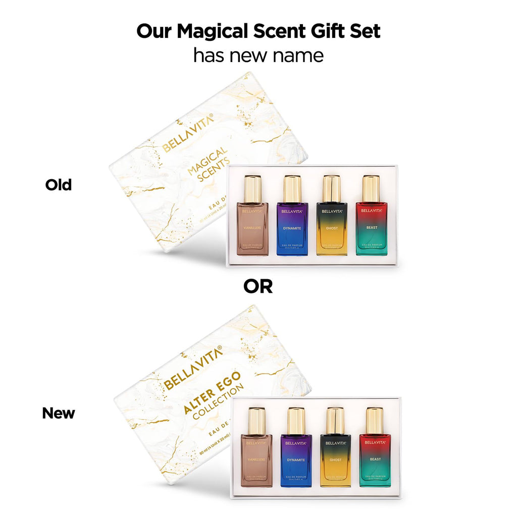 BELLAVITA Alter Ego Collection | 4x20ml | Long Lasting EDP | Gift for Man and Woman | Perfume for Man and Woman | Vanilla, Caramel & Musk | Floral, Spicy Premium Fragrance for Men and Women