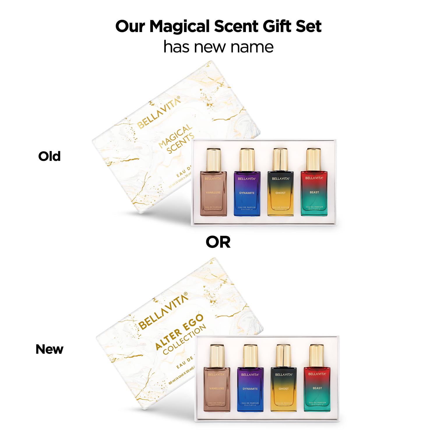 BELLAVITA Alter Ego Collection | 4x20ml | Long Lasting EDP | Gift for Man and Woman | Perfume for Man and Woman | Vanilla, Caramel & Musk | Floral, Spicy Premium Fragrance for Men and Women
